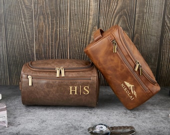 Personalized PU Leather Toiletry Bag, Laser Engraved Men's Travel Cosmetic Bag