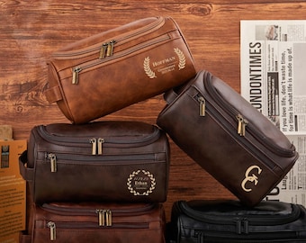 Personalized Toiletry Bag, Groomsmen Gifts-Leather Toiletry Bag for Anniversaries,Groomsmen or Him-Laser Engraved Leather Travel Kit