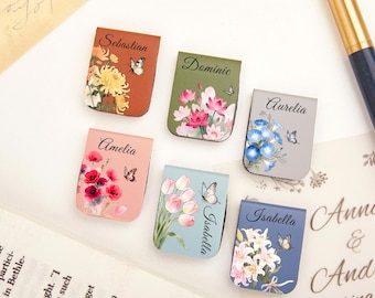 Marcador de cuero con flor de nacimiento, marcador magnético de cuero personalizado, marcapáginas con nombre personalizado, regalo de cumpleaños para amantes de los libros
