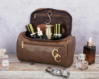 Gepersonaliseerde leren toilettas voor heren, cadeaus bruidsjonkers, gegraveerde dopp-kit, kerstcadeau voor hem, leren accessoire, reistoilettas