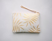 White Gold Palm Leaf Leather Zipper Clutch