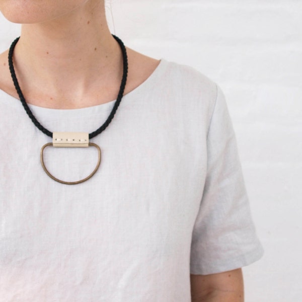 Half Moon Brass and Leather Necklace