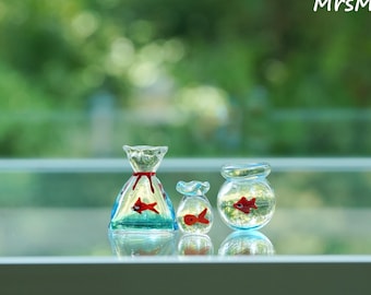 Figura de pez dorado de vidrio soplado: Decoración en miniatura para acuario/Decoración artesanal para pecera pequeña/Pecera de jarrón transparente/Decoración de mesa para el hogar/Mini vidrio