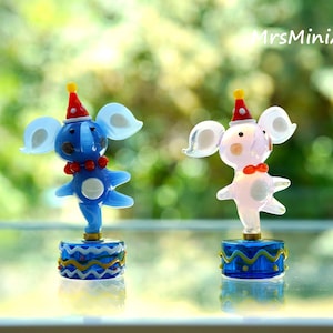 Handmade Glass Mini Animal Figurine on Rotating Base/Cute Desktop Decor/Dancing Animal/Miniature Ornament/Tiny Spinning Pink & BlueElephant