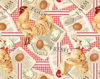 Chicken Fabric - Gingham Plaid Fabric - Timeless Treasures Recipes on Gingham- CD1533-RED Cotton Fabric ~ Choose your Cut