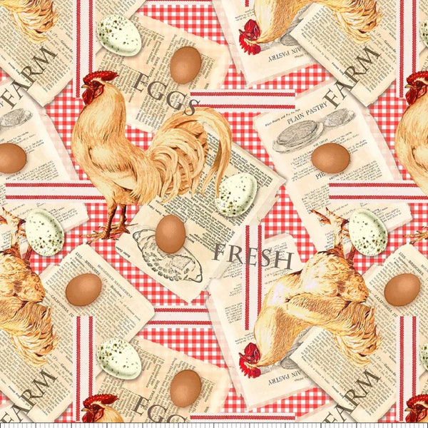 Chicken Fabric - Gingham Plaid Fabric - Timeless Treasures Recipes on Gingham- CD1533-RED Cotton Fabric ~ Choose your Cut
