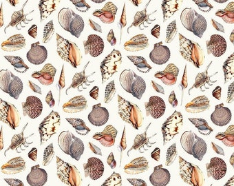 Muschel Stoff in Creme - Küsten Muscheln Baumwoll Stoff für Strand Träume - Wählen Sie Ihren Schnitt - Timeless Treasures Kollektion