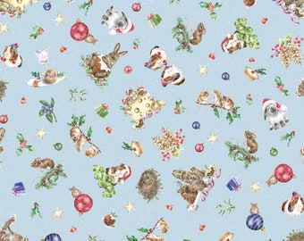 Christmas Fabric - One Snowy Day Animal Blue Toss Maywood Cotton quilt fabric- Sewing Fabric - Rabbit Fabric - Porcupine Fabric