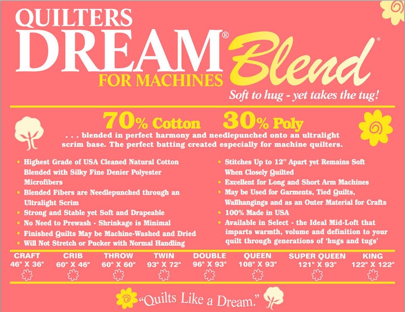 Dream Blend for Machines Cotton Poly Blend Mid Loft Medium Weight Super Queen Size Natural Color Quilters Dream Batting