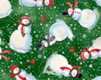 Snowman Cotton Fabric - Winter Greetings Holiday Fabric - Snowman Toss on Forest - 28338F- Cotton Fabric - Quilting Treasures ~ Choose Cut