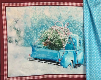 Christmas Fabric Panel -Old Blue Truck Winter Quilt Panel with 1 Yard Snowflake Fabric- Blue Trucks Cotton Fabric Panel