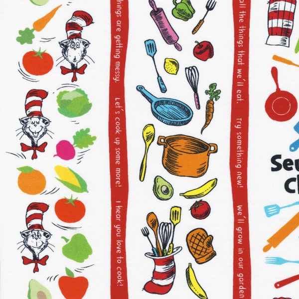 Dr. Seuss Fabric - Chef Stripes White # ADE203911 Cotton Fabric - Seuss Fabric - Kids Fabric -Choose Your Cut