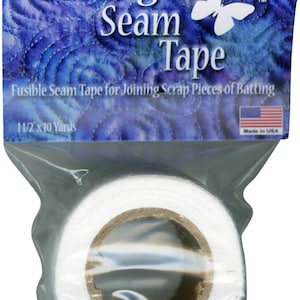 May include: A roll of white fusible seam tape for joining scrap pieces of batting. The tape is packaged in a clear plastic bag with a blue and white label that reads "Batting Seam Tape" and "Style #428-15". The label also states "Fusible Seam Tape for Joining Scrap Pieces of Batting" and "1 1/2 x 10 Yards".