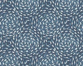 Ocean Pearls Fish Fabric - Swirling Fish Deep Seas Blue Lewis & Irene Fabric Collection-A827.3 Cotton Quilt Fabric - Choose Your Cut