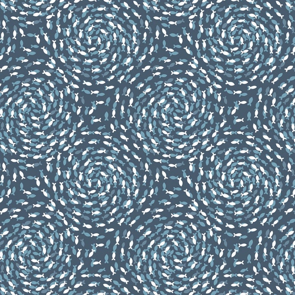 Ocean Pearls Fish Fabric - Swirling Fish Deep Seas Blue Lewis & Irene Fabric Collection-A827.3 Cotton Quilt Fabric - Choose Your Cut