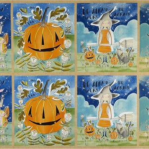 Halloween Kürbis Quilt Panel mit Süßer Hexe Baumwollstoff für Leckerlibeutel und mehr - Freier Geist Stoff Panel - Maschinenwaschbar