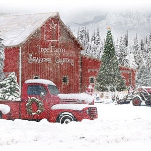 Christmas Fabric Panel-Red Truck Barn - Christmas Quilt Panel-  Cotton Fabric Panel - Hoffman Tree Farm Fabric - Sewing - Quilting