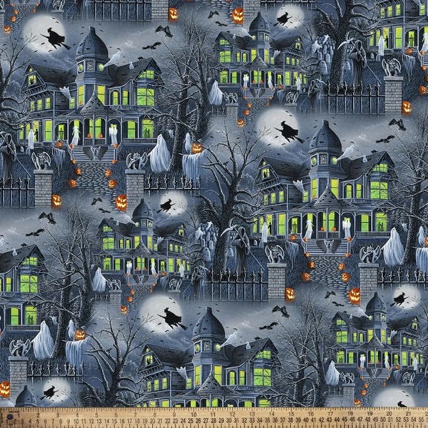 Haunted House Fabric -  Halloween Cotton Fabric -Ghostly Gathering Haunted House Cotton Fabric for sewing and quilting.