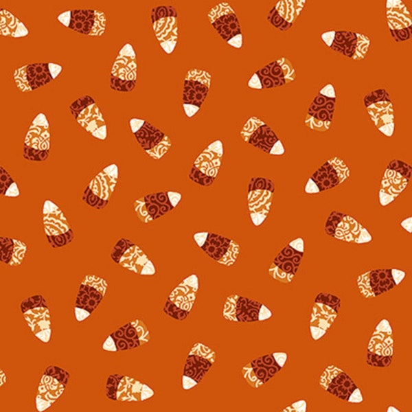 Halloween Orange Candy Corn Cotton Fabric. Candy Corn on orange fabric. Candy Fabric for treat bags, quilts, and more!