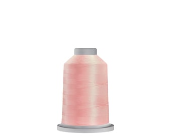 May include: A spool of light pink thread, ideal for sewing and embroidery projects. The thread is tightly wound on a gray plastic spool with a flat base and a cylindrical top. The thread has a subtle sheen.