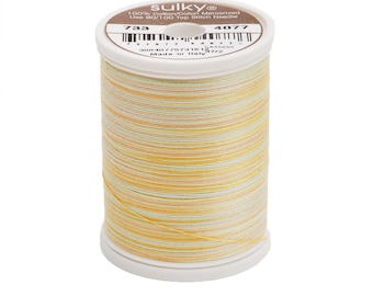 May include: A spool of Sulky 100% cotton mercerized thread in a multi-colored pattern of yellow, orange, and green. The spool is labeled with the number 733 and 4077. The label also says "Made in Italy".