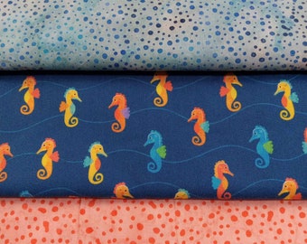 Seahorse Fabric - 3 Fabric Quilt Kit - Beach Cotton Quilt Fabric - 3 Fabric Bundle - Quilting Sewing Fabric - 3 Yard Pattern Included!