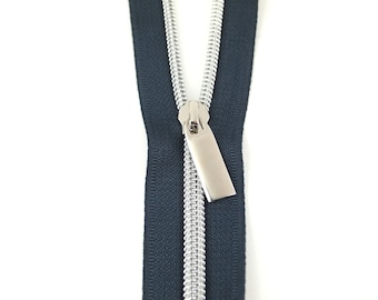 Navy Zippers - Sallie Tomato Navy Nylon Coil Zippers - 3 Yards w/ 9 Rectangle Pulls -  #5 - Nickel Finish