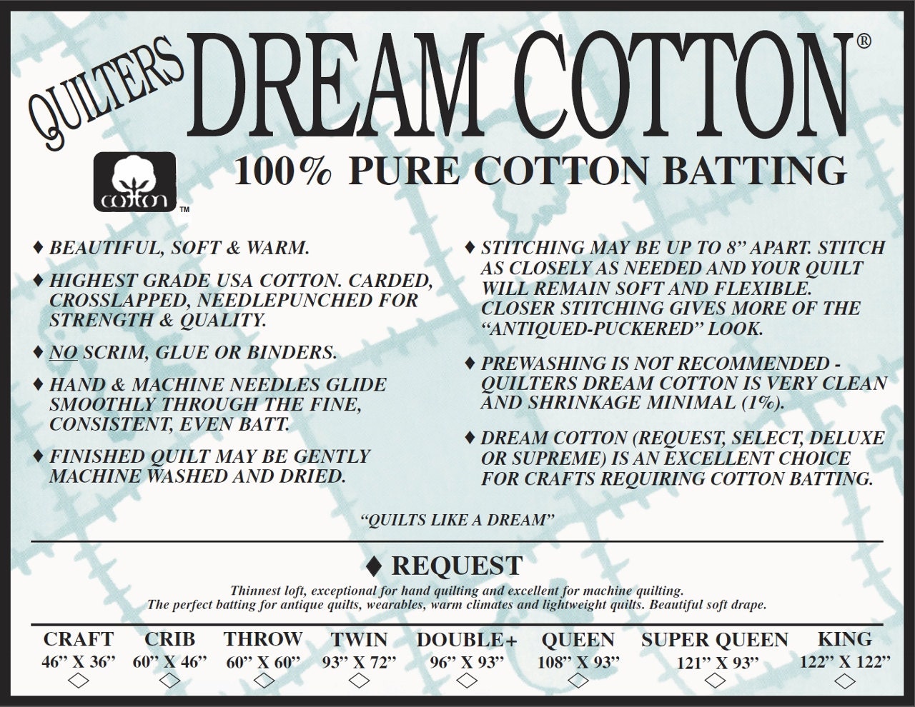 Quilters Dream Cotton Request Thinnest Loft Quilt Batting-crib