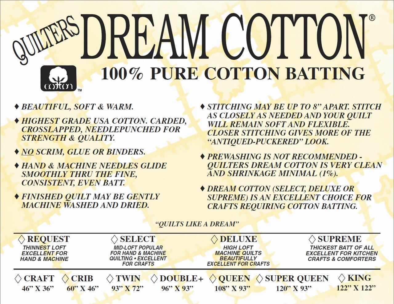Quilters Dream Cotton Supreme Quilt Batting Crib Size Natural