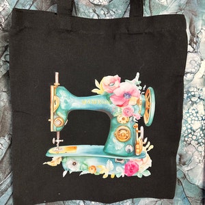 Sewing Theme Canvas Tote Bag Black Bag 11 in x 14 in Heavy canvas tote bag image 1