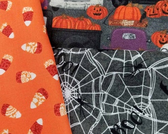 Halloween Fabric - 3 Fabric Quilt Kit - Pumpkins Cotton Quilt Fabric - 3 Fabric Bundle - Quilting Sewing Fabric - 3 Yard Pattern Included!