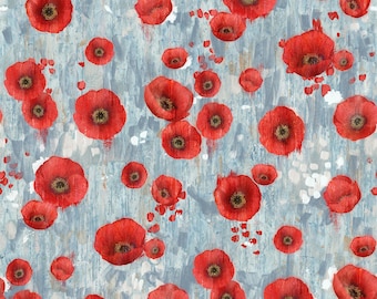 Puede incluir: Un patrón repetitivo que presenta amapolas de color rojo vibrante con centros oscuros dispersas sobre un fondo texturizado de color azul claro y gris con efectos de pinceladas visibles y pequeñas manchas de pintura blanca.