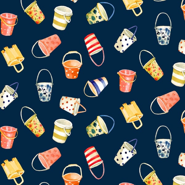 Beach Fabric - Beach Bucket Cotton Fabric - Beach Theme Quilt-Sewing Fabric -Portofino Beach Fabric - Michael Miller