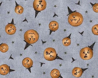 Halloween Pumpkin Cotton Fabric. Broom Street Jack O'Lanterns Grey Michael Miller fabric for sewing and quilting.