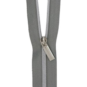 Grey Nylon Zippers -Sallie Tomato - 3 Yards w/ 9 Rectangle Pulls - #5 Size Zipper - Nickel