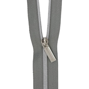 Grey Nylon Zippers -Sallie Tomato - 3 Yards w/ 9 Rectangle Pulls - #5 Size Zipper - Nickel