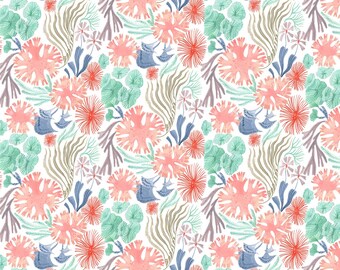 Coral Fabric - Beach Cotton Quilt Fabric- Illuminary Sea - White Sea Floral - # ST-DRR2074WHITE Quilt Fabric - Sewing Fabric - Choose Cut