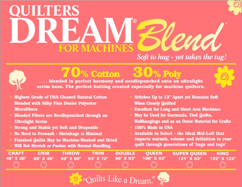 Dream Blend for Machines Quilters Dream Batting Cotton Poly Blend Mid Loft Medium Weight Throw Size Natural Color