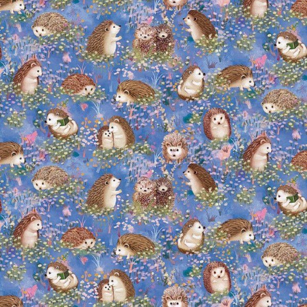 Hedgehog Fabric - Hedgehogs on Periwinkle Blue Cotton Fabric - Animal Fabric- Quilt Fabric- Sewing Fabric