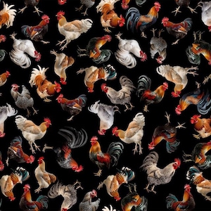 Country Chic Chicken Fabric - Fun Barnyard Design - 100% Cotton - Machine Washable - Continuous Yardage - Variety of Sizes Available