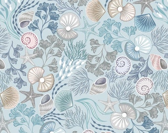 Seashell Beach Fabric - Ocean Pearls Shells and Pearls Gentle Blue Lewis & Irene Quilt Fabric Collection - Choose Your Cut