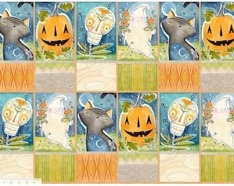 Panel de tela de Halloween divertido y festivo: tela para coser colchas con fantasmas y calabazas adorables. Escenas alegres de Halloween para manualidades y decoración DIY.