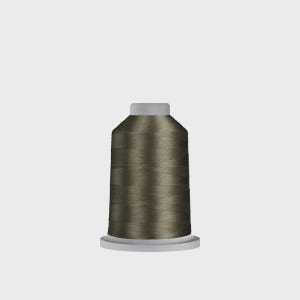 May include: A spool of olive green thread, tightly wound and cylindrical, sits on a white base. The thread has a subtle sheen, suggesting a smooth texture. The spool is designed for sewing and embroidery projects.