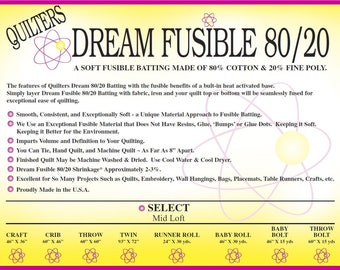 Batting Quilters Dream Fusible 80/20 Cotton Poly Select Mid Loft Mid Weight Throw Size Natural Color Quilt Stuffing