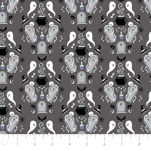 Halloween Fabric: Cursed Ghosts, Caskets, Cauldrons - 100% Cotton