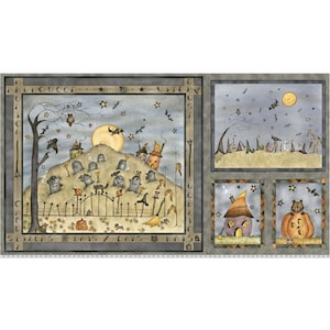 Whimsical Halloween Fabric Panel with Cute Broom Street Haunted Night Scene - Child Friendly Quilt/Wall Hanging Panel - Spooky Yet Fun