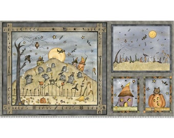 Skurriles Halloween Stoffpanel mit Besen Street Haunted Night Szene - Kinderfreundliche Quilt/Wandbehang Panel - Gruselig und doch Spaß
