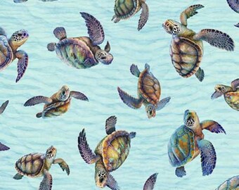 Sea Turtle Fabric - Endless Blues Sea Turtle Toss Aqua Fabric-Quilting Treasures- Fabric for Quilting - Sewing - Choose Your Cut