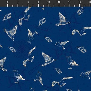 Beach Fabric for Quilting and Sewing. Ocean Beach Birds Cotton Fabric-Navy Blue Beach Theme Fabric.
