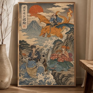 Könnte beinhalten: Ein gerahmter Kunstdruck mit einer Illustration im japanischen Holzschnittstil, die drei Charaktere auf Glurak, Turtok und Bisaflor zeigt. Das Bild enthält eine große rote Sonne, einen Berg und japanischen Text in einem vertikalen Kasten.